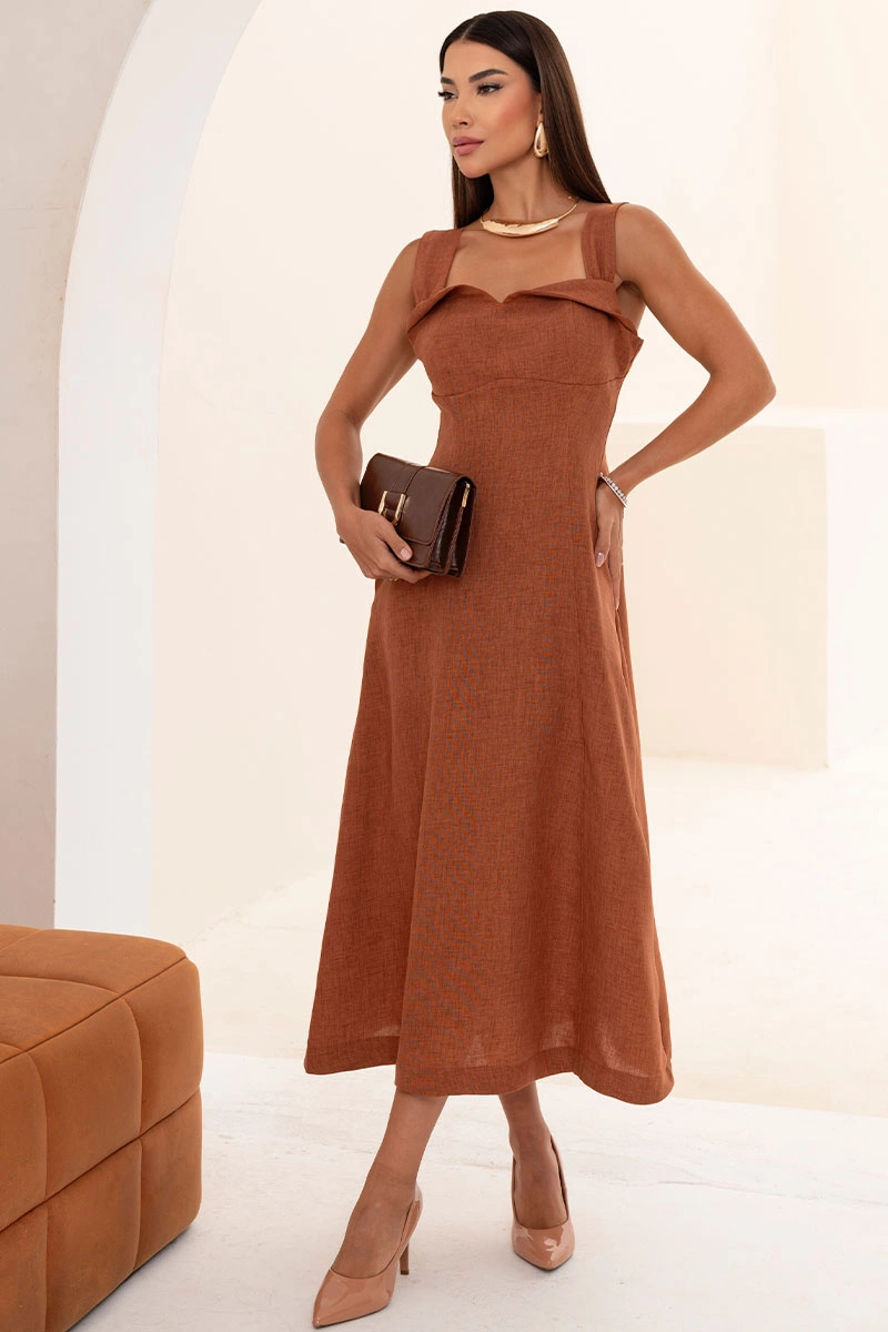 Miss Misses - Francisca Midi Dress with Wide Straps, Brown - 54759214