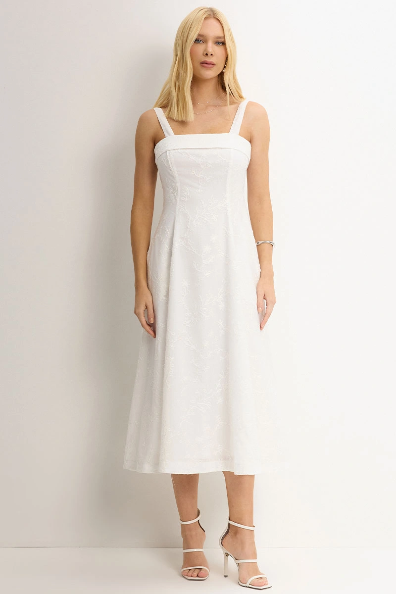 Miss Misses - Dress Loren needlework with strap, pocket, and zipper, white. - 54754005