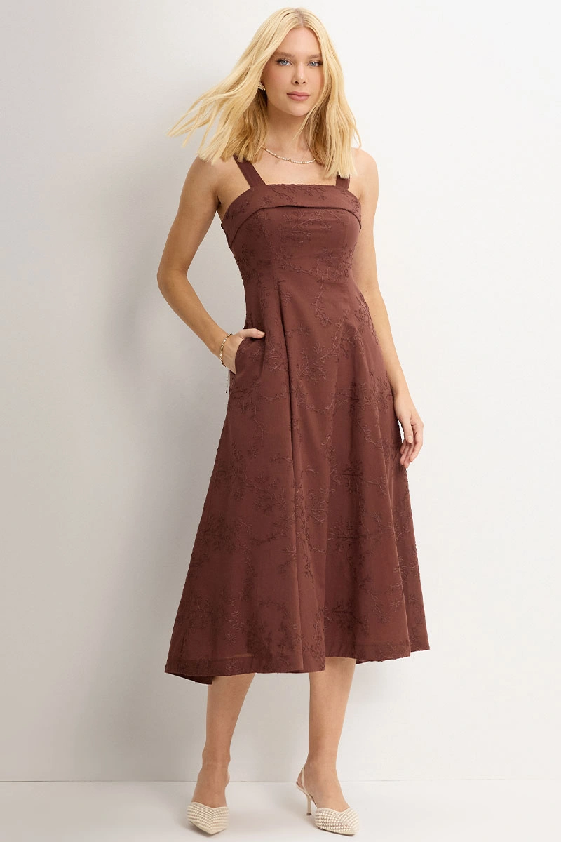 Miss Misses - Dress Loren needlework with strap, pocket, and zipper, brown. - 54754214