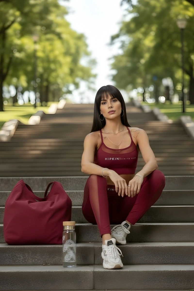 Hipkini - Wine-colored fitness and wellness leggings with tulle. - 33331617