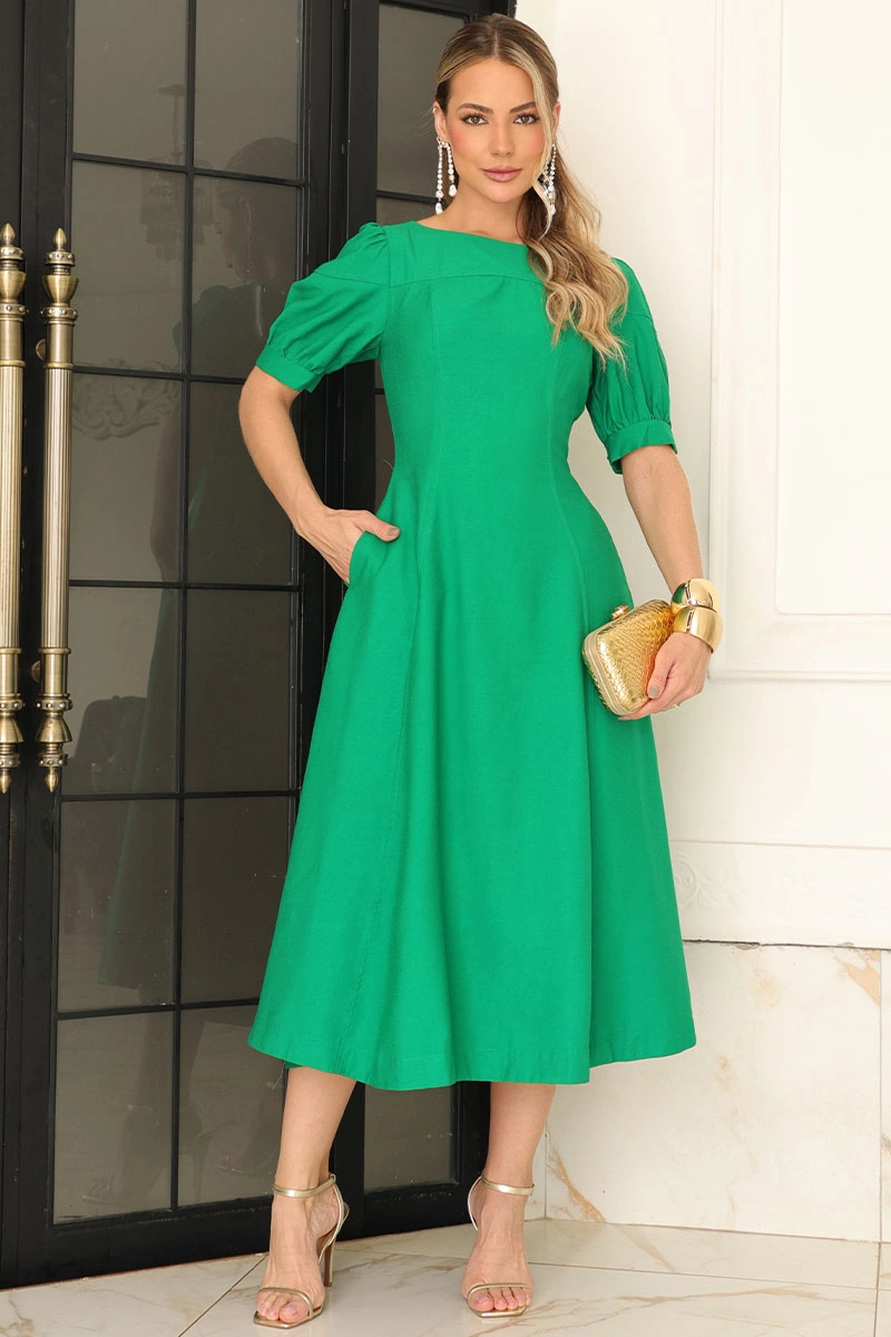 Miss Misses - Ohana Midi Dress with Short Sleeves, Pocket, and Zipper - Green - 54744023