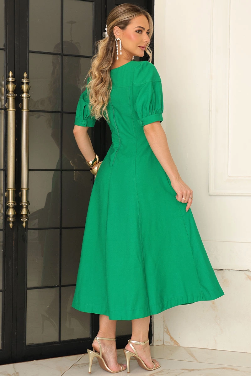 Miss Misses - Ohana Midi Dress with Short Sleeves, Pocket, and Zipper - Green - 54744023