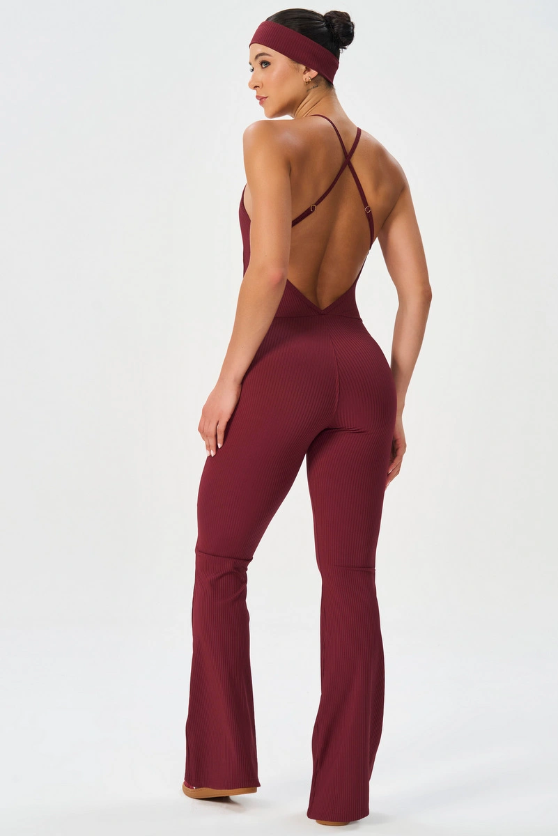 Lets Gym - Jumpsuit Flare Comfort Rib Burgundy - 2985BG
