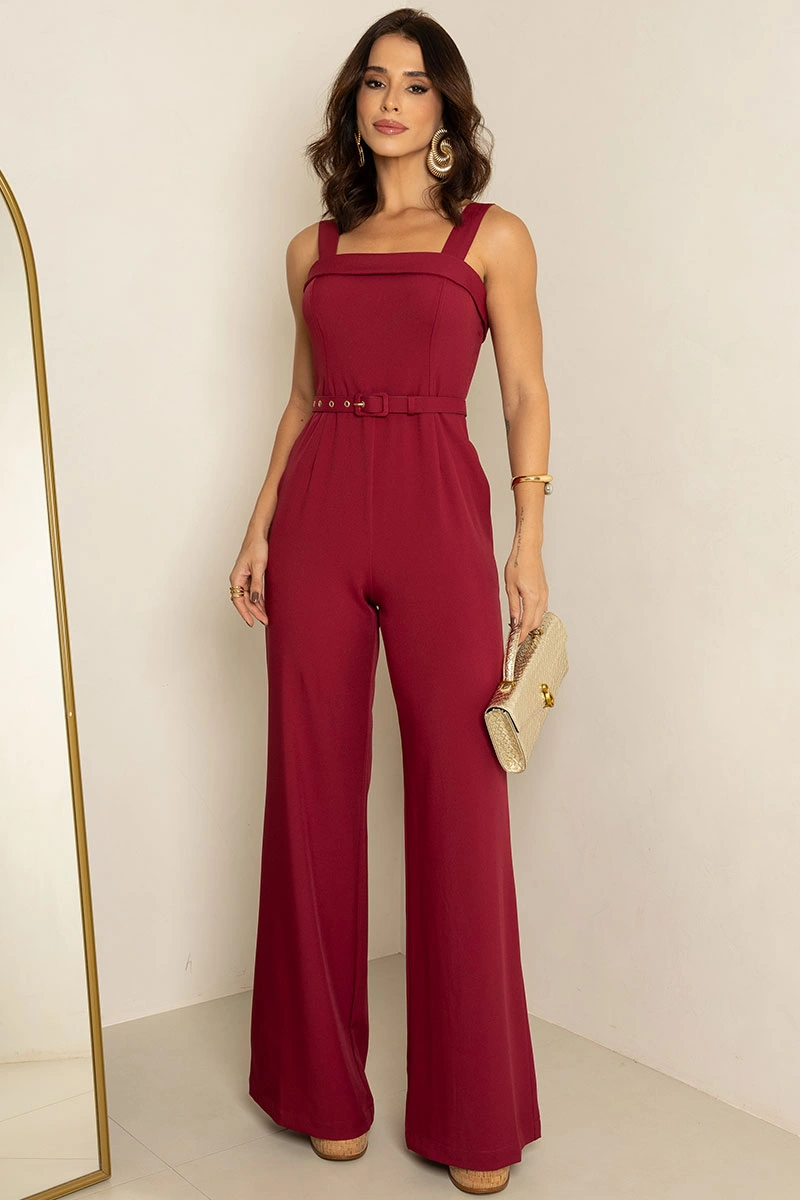 Miss Misses - Kesia Long Jumpsuit with Detail and Belt, Wine Red - 54634006