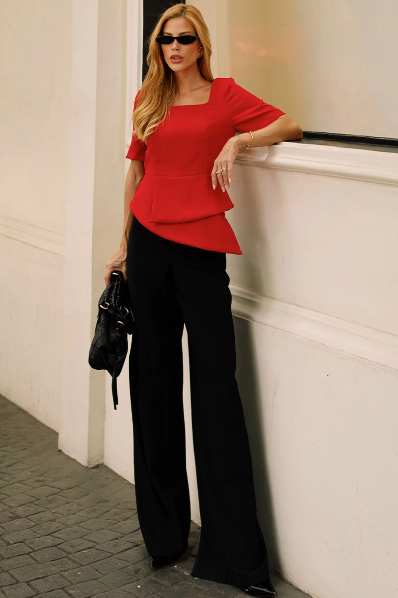 Miss Misses - Alexia Short Sleeve Shirt with Zipper, Red Back - 54746024