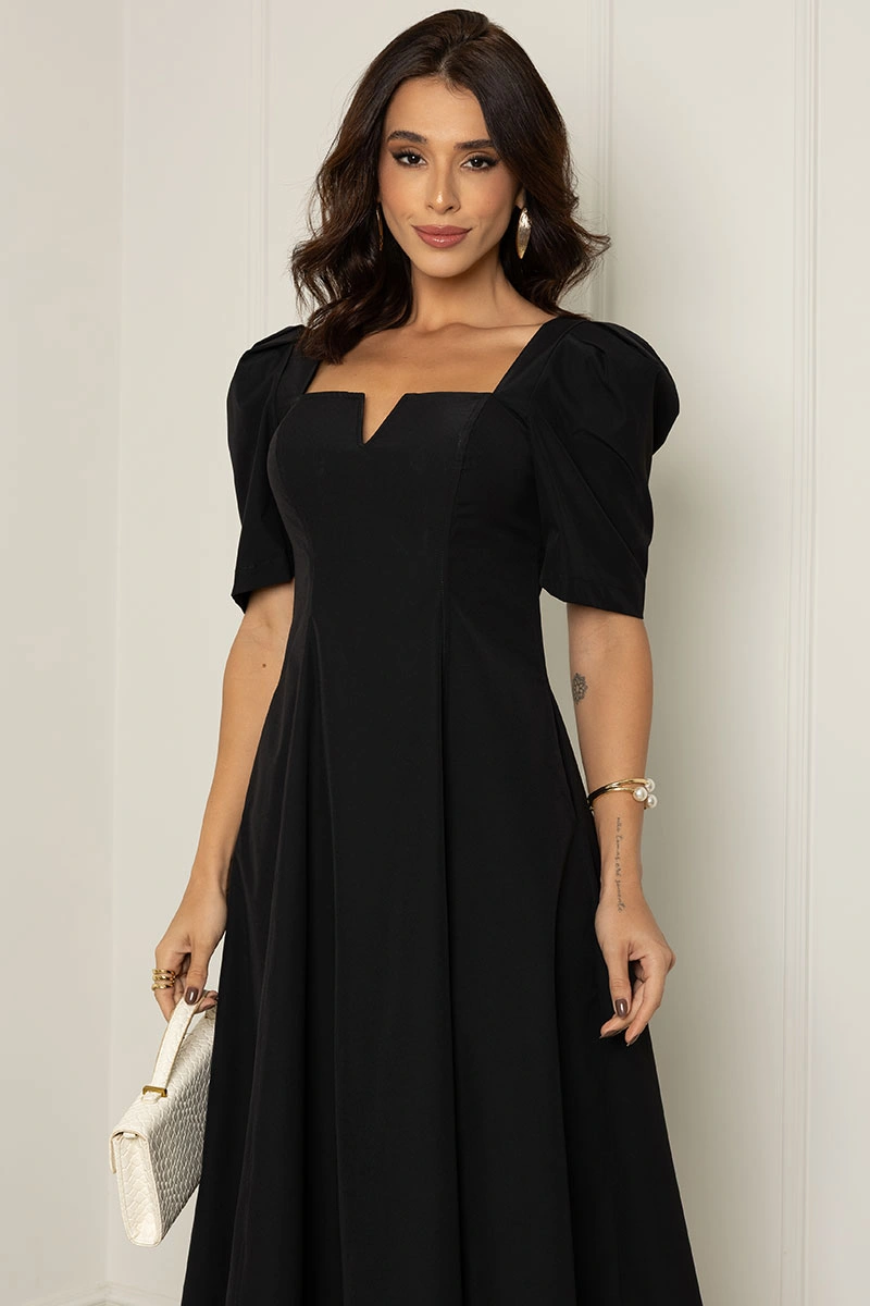Miss Misses - Dafny Dress with VC Neckline/C-Sleeve/Pleat Black - 54724001
