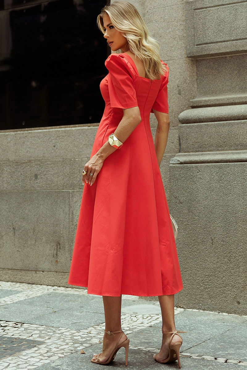 Miss Misses - Dafny Dress with V-neck/C-sleeve/Pleat, Red - 54724024