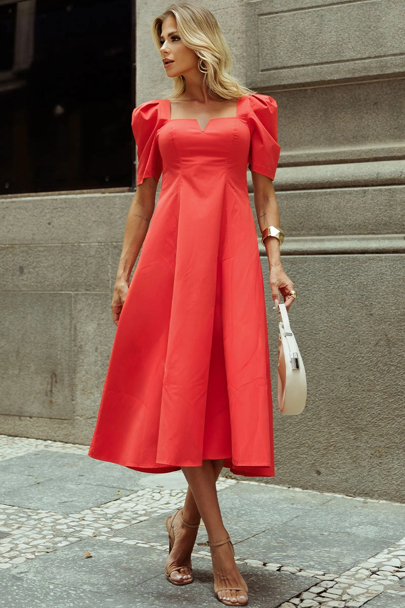 Miss Misses - Dafny Dress with V-neck/C-sleeve/Pleat, Red - 54724024