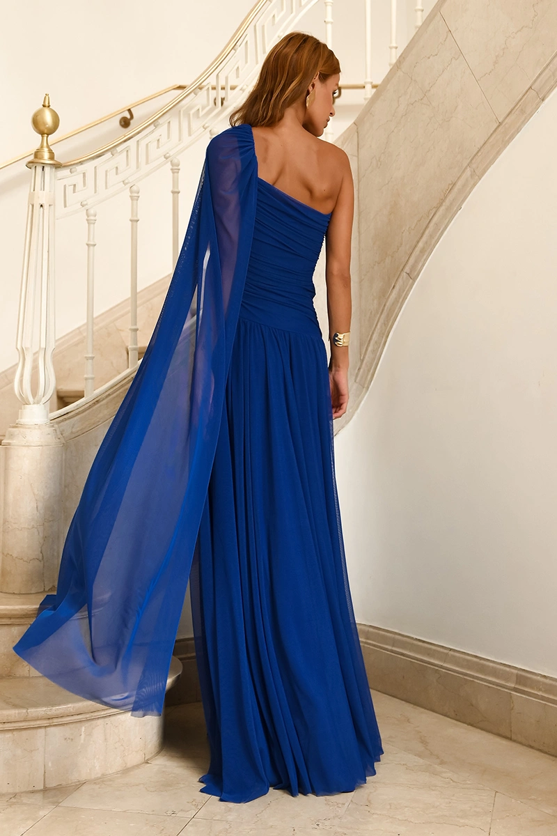 Dot Clothing - Dress Dot Clothing Angela Long One Shoulder Draped Dark Blue - 2959AZUL