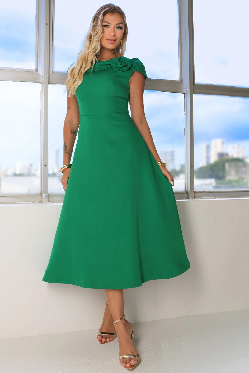 Miss Misses - Dress Hilda C/Detalhe Flor Na Lama Verde - 54592023