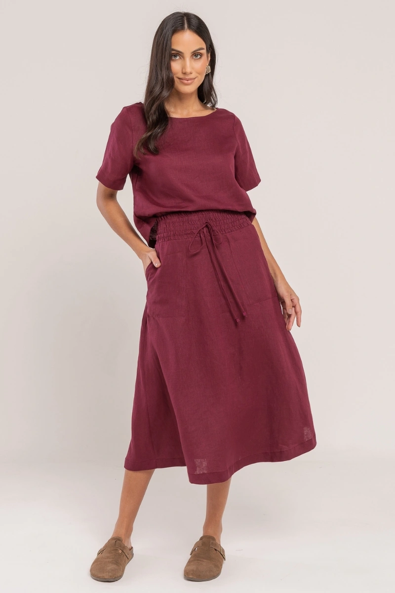 Hidrogênio - SAIA EVASE MIDI 100% LINHO VINHO - 19800043