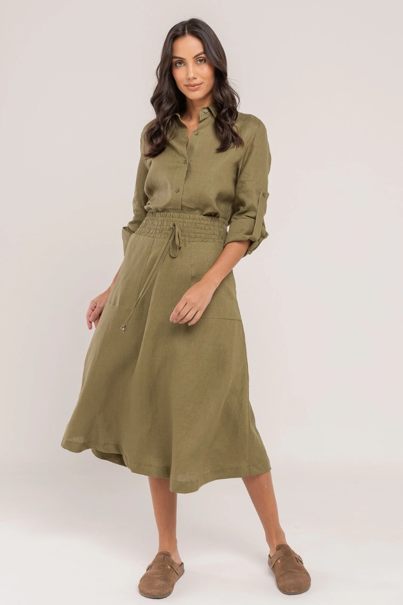 Hidrogênio - SAIA EVASE MIDI 100% LINHO OLÍVA - 19800391