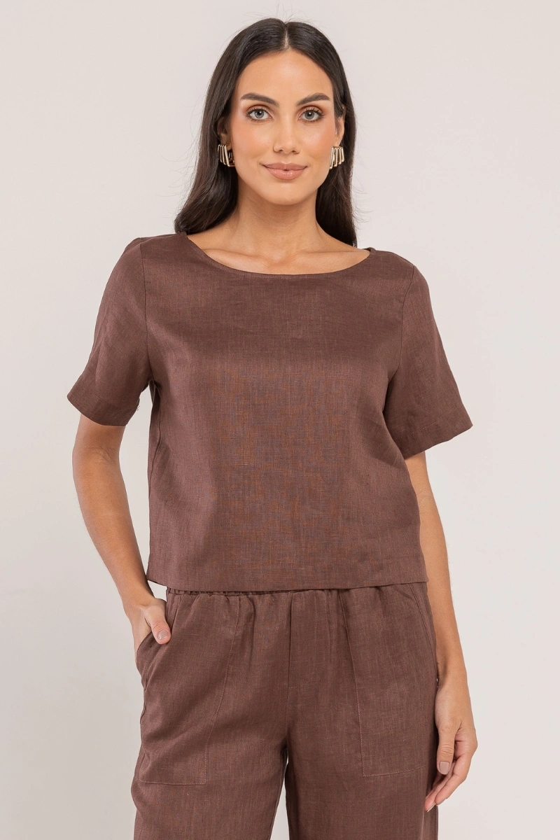 Hidrogênio - BLUSA CROPPED 100% LINHO CHOCOLATE - 19801032