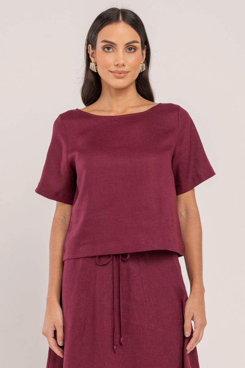 Hidrogênio - BLUSA CROPPED 100% LINHO VINHO - 19801043