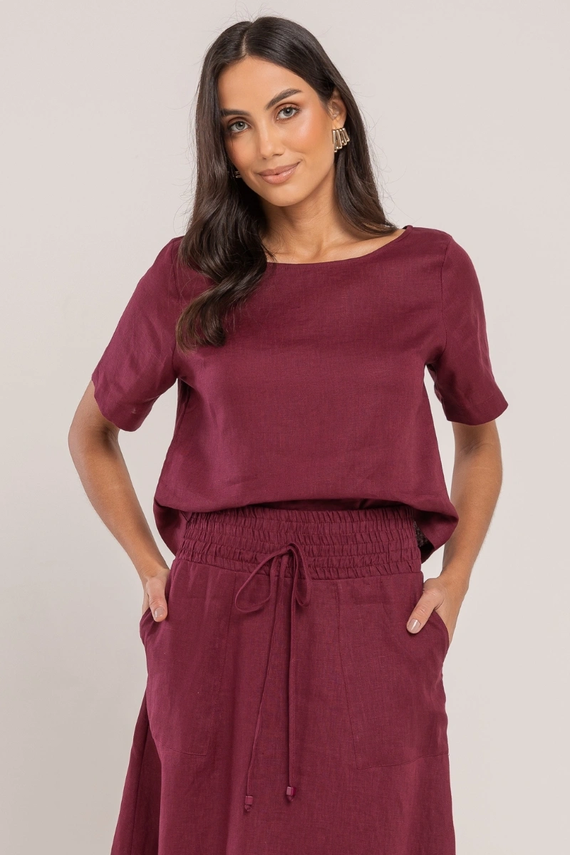 Hidrogênio - BLUSA CROPPED 100% LINHO VINHO - 19801043