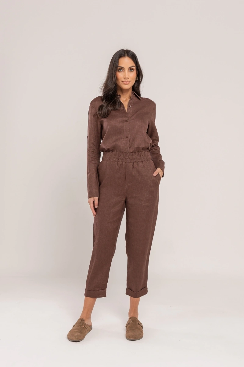 Hidrogênio - CALÇA CENOURA POLIANA LINHO 100% CHOCOLATE - 19886032