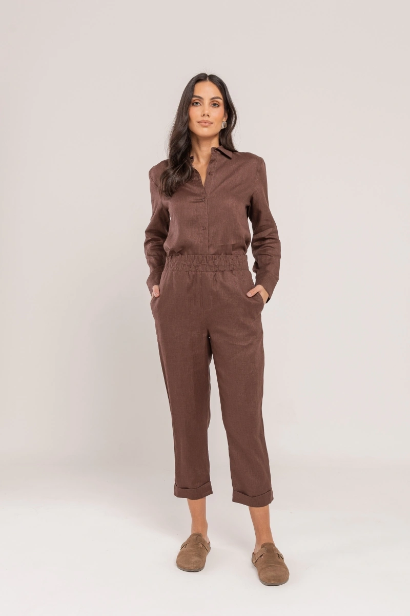 Hidrogênio - CALÇA CENOURA POLIANA LINHO 100% CHOCOLATE - 19886032