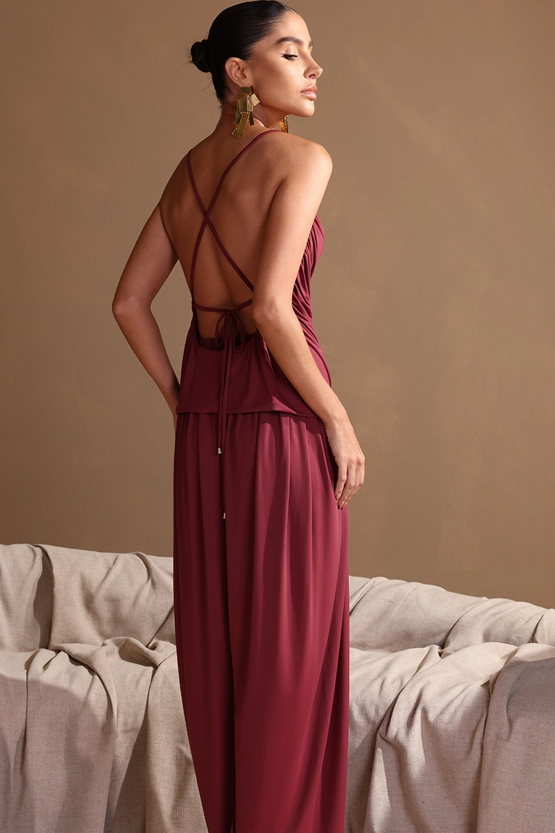 Dot Clothing - Set Dot Clothing Sarah Shirt and Pants with Ruched Detail, Burgundy - 2979VERM