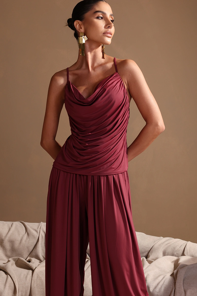 Dot Clothing - Set Dot Clothing Sarah Shirt and Pants with Ruched Detail, Burgundy - 2979VERM