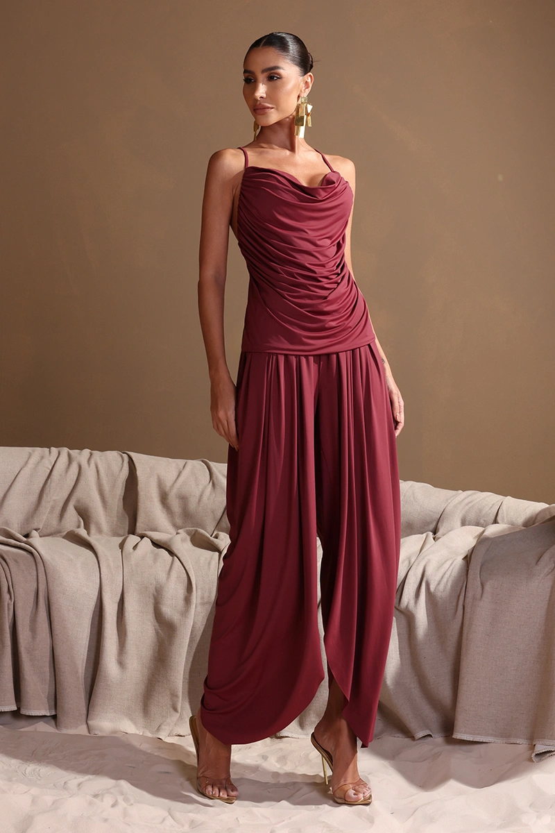 Dot Clothing - Set Dot Clothing Sarah Shirt and Pants with Ruched Detail, Burgundy - 2979VERM