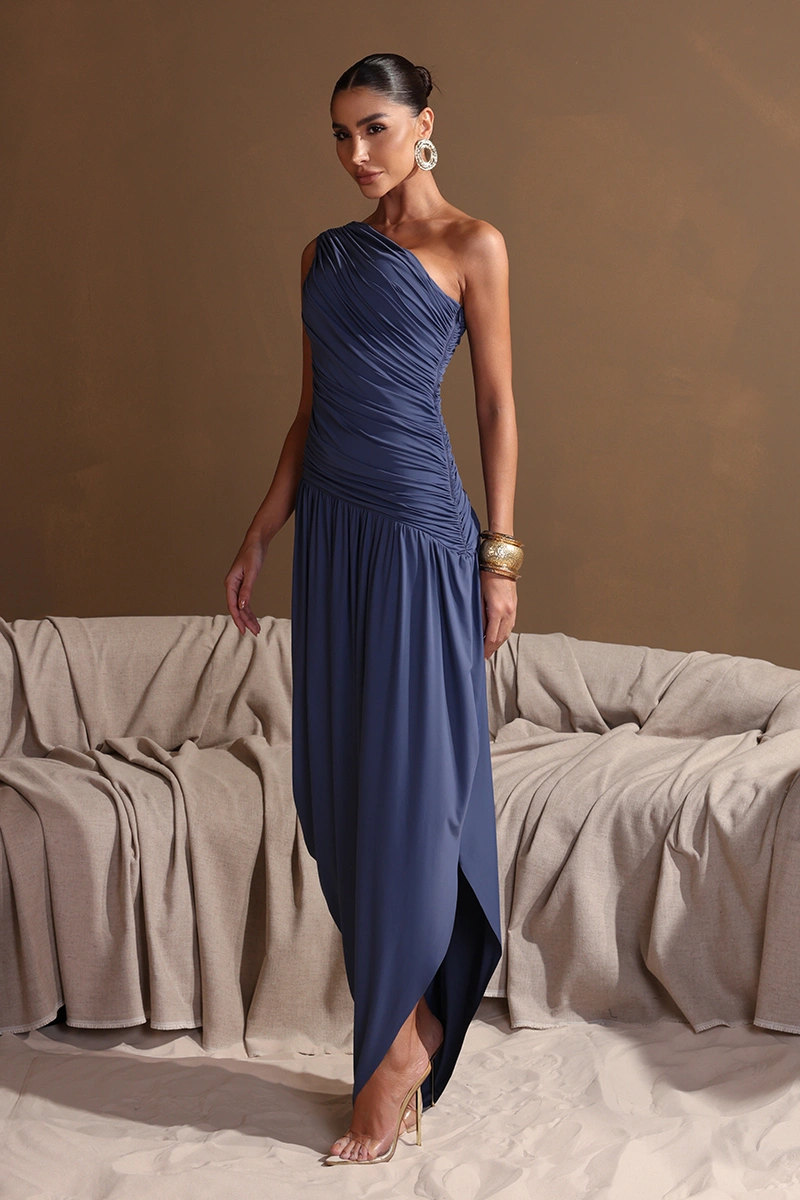 Dot Clothing - Vestido Dot Clothing Longo Eloise Um Ombro Drapeado Azul Jeans - 2972AZUL