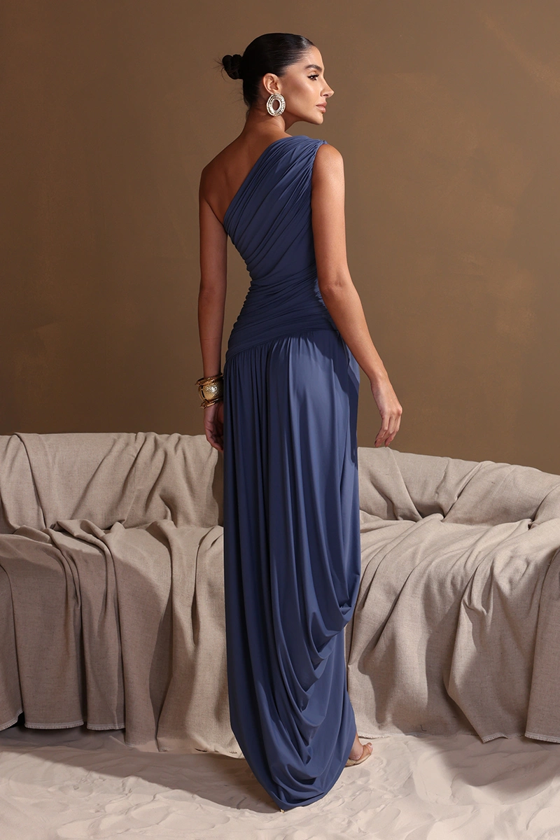 Dot Clothing - Vestido Dot Clothing Longo Eloise Um Ombro Drapeado Azul Jeans - 2972AZUL