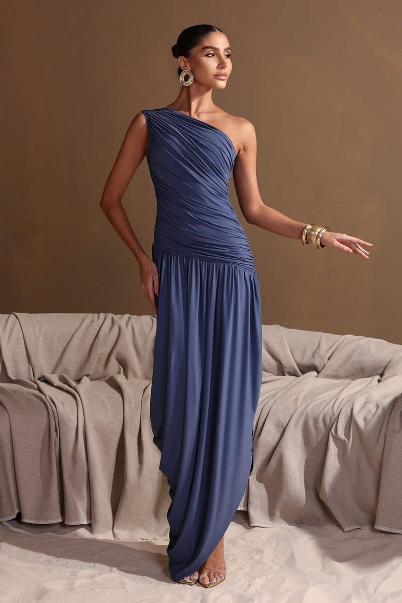 Dot Clothing - Vestido Dot Clothing Longo Eloise Um Ombro Drapeado Azul Jeans - 2972AZUL