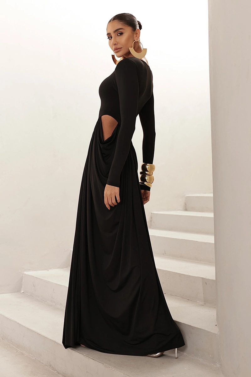 Dot Clothing - Vestido Dot Clothing Longo Kassia Manga Longa Drapeado Preto - 2971PRETO