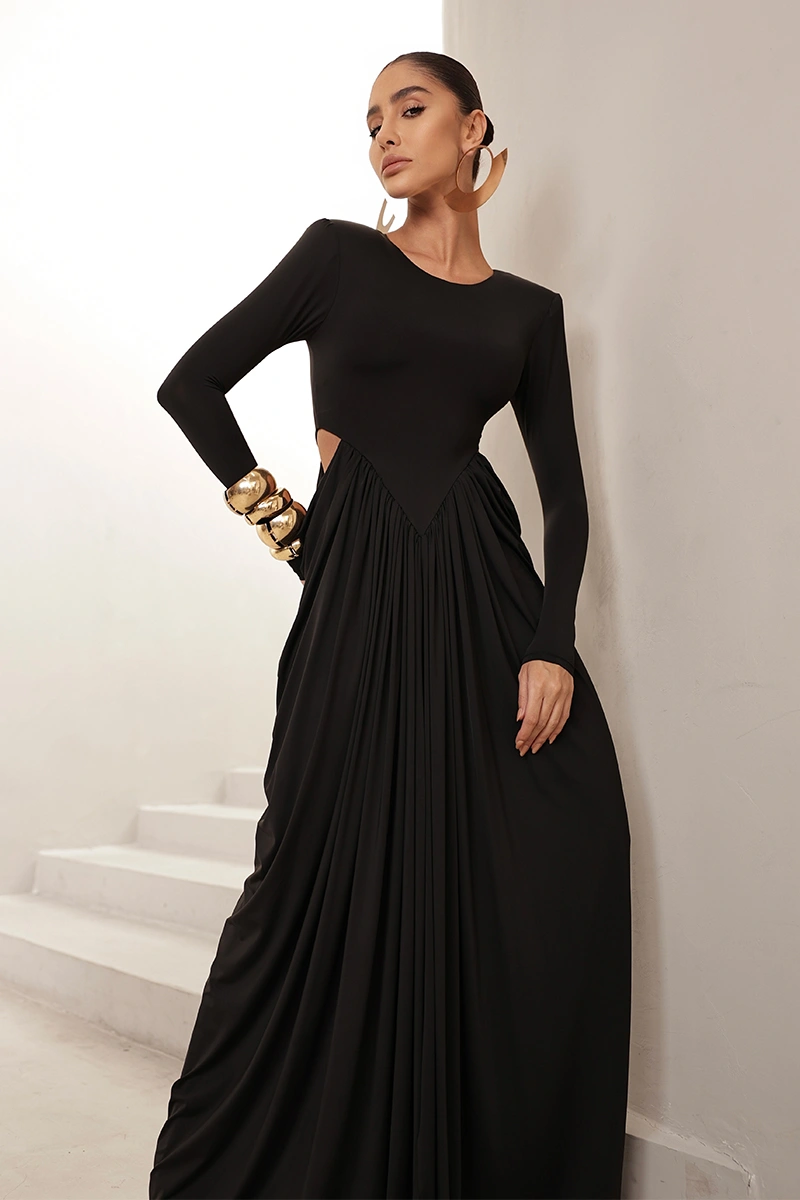 Dot Clothing - Vestido Dot Clothing Longo Kassia Manga Longa Drapeado Preto - 2971PRETO