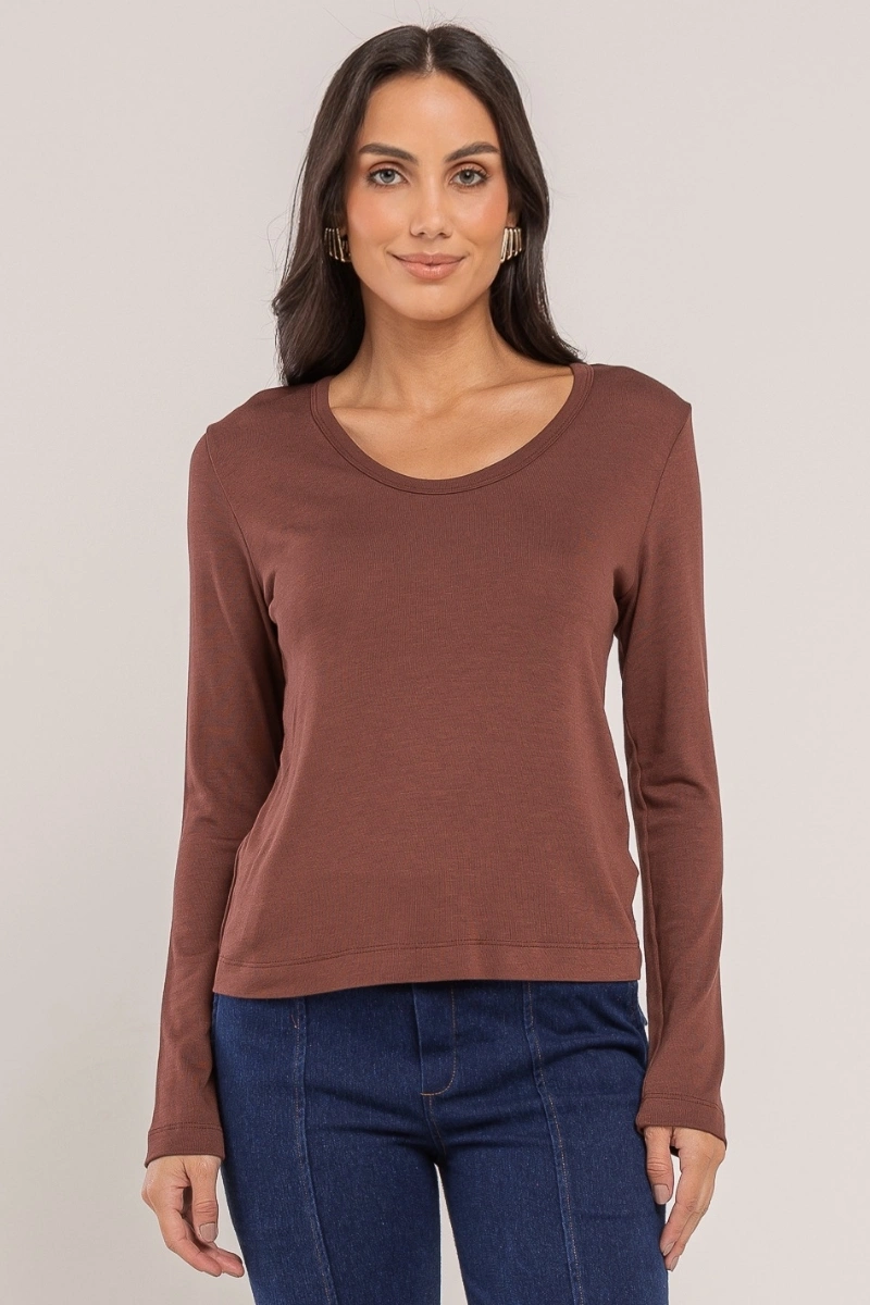 Hidrogênio - Nutella-colored knit blouse with U-neck, medium length. - 20682276