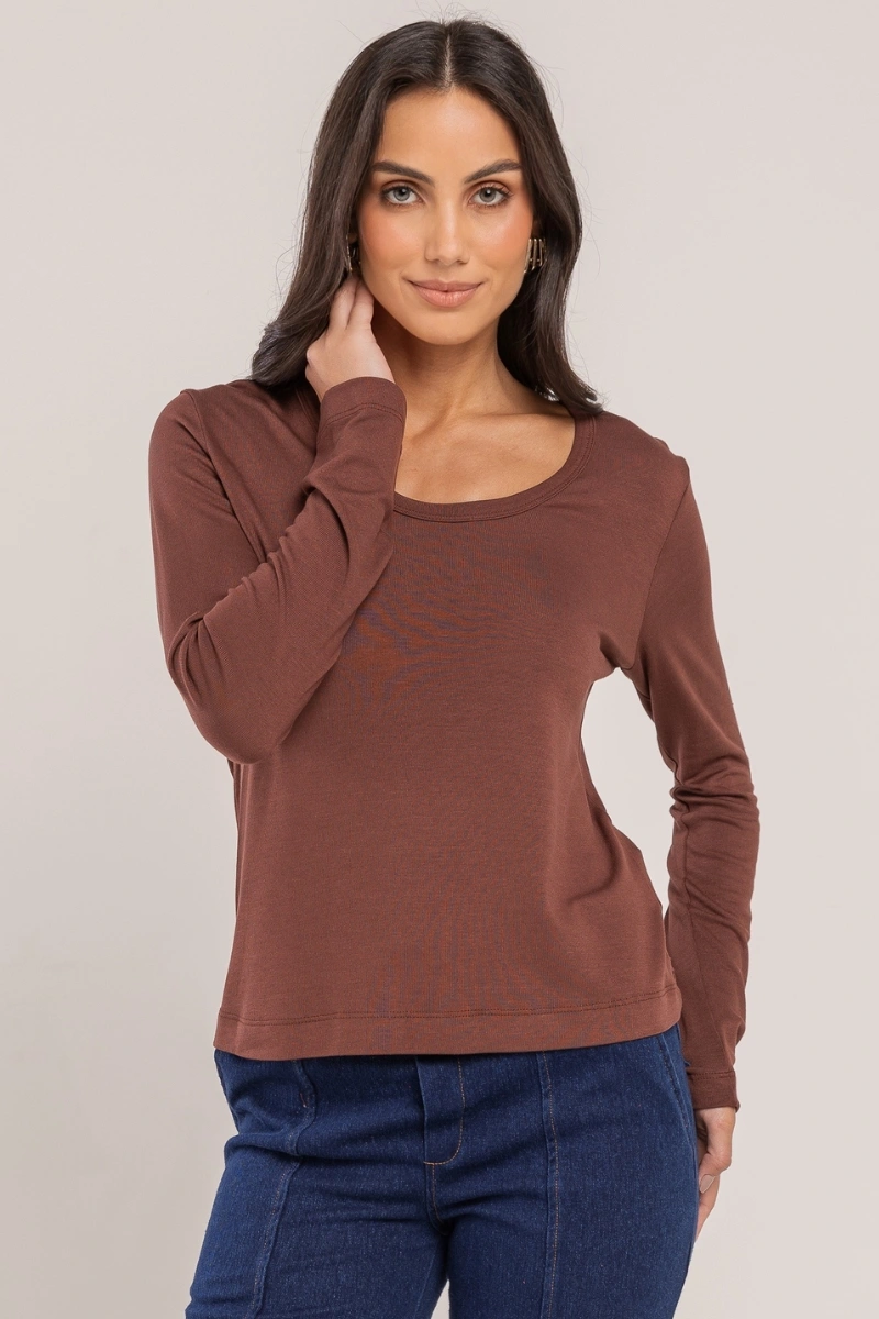 Hidrogênio - Nutella-colored knit blouse with U-neck, medium length. - 20682276