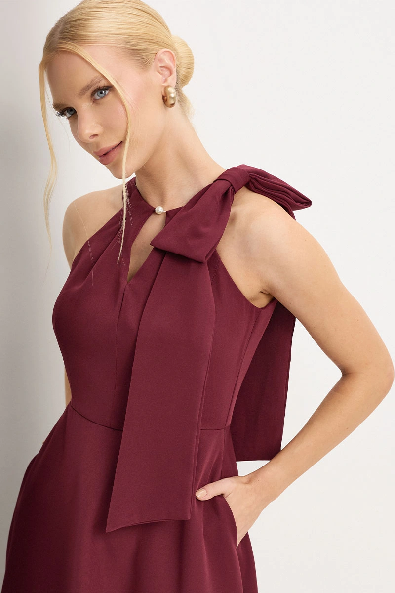 Miss Misses - Iolanda dress with bow, pearl detail, burgundy collar. - 54775006