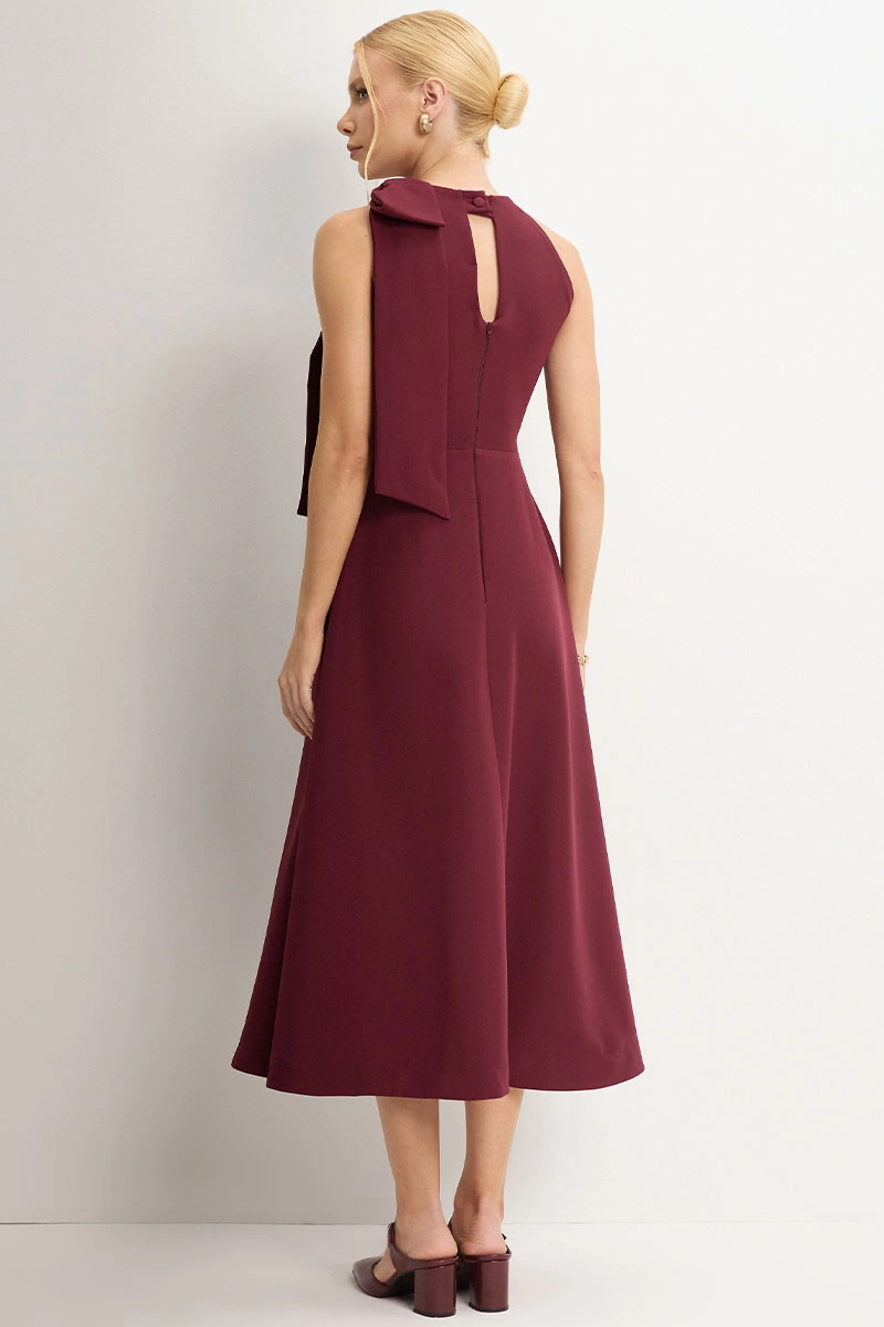 Miss Misses - Iolanda dress with bow, pearl detail, burgundy collar. - 54775006