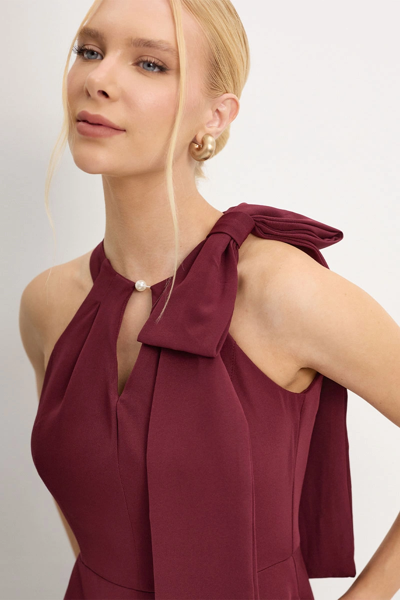 Miss Misses - Iolanda dress with bow, pearl detail, burgundy collar. - 54775006