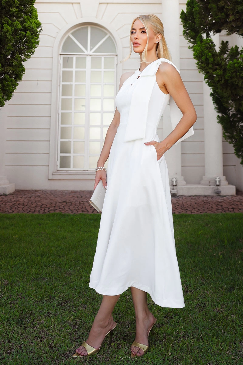 Miss Misses - Iolanda dress with bow, pearl detail, off-white collar. - 54775030
