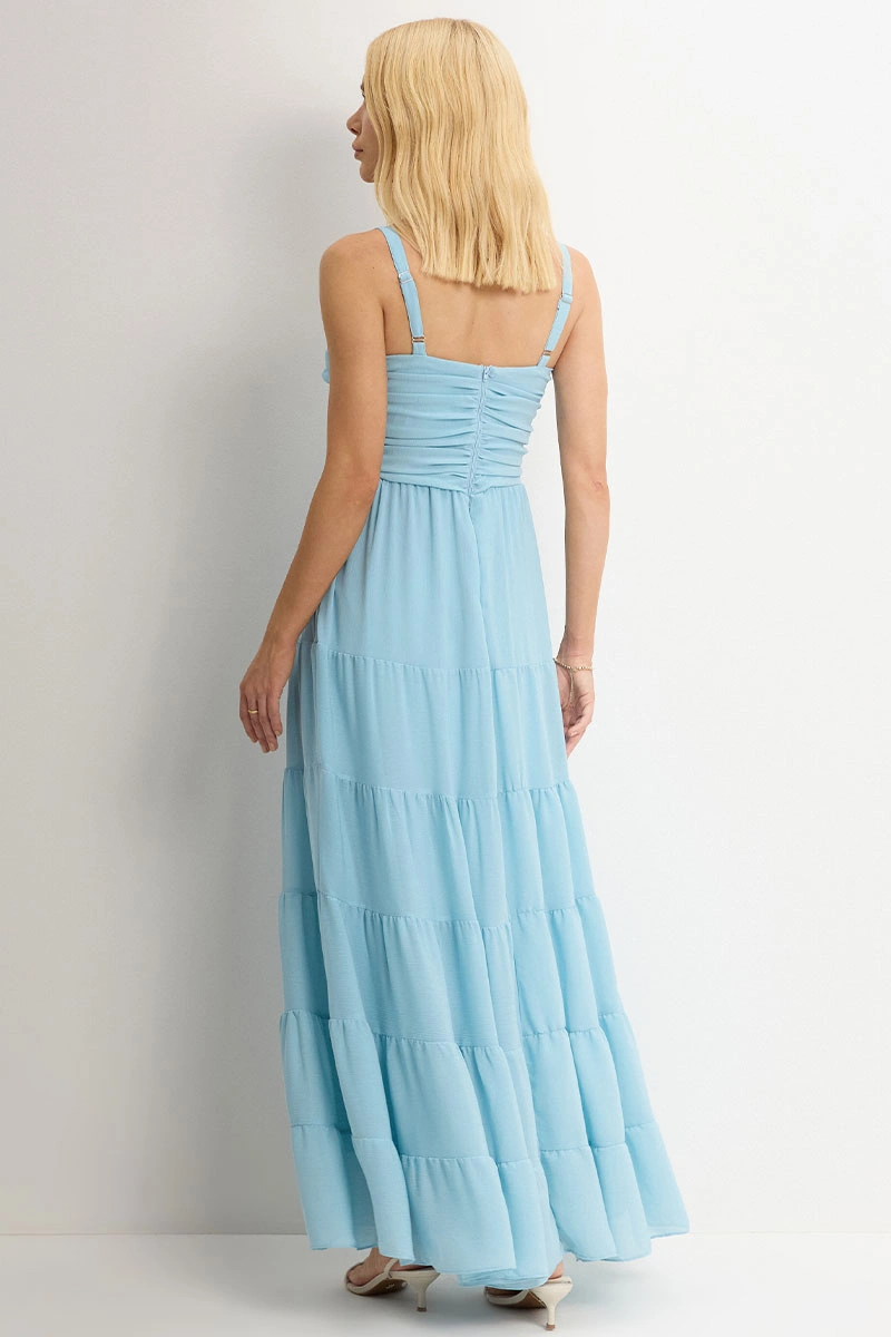 Miss Misses - Maisa II Long Dress with Straps and Gathered Detail, Blue - 54733002