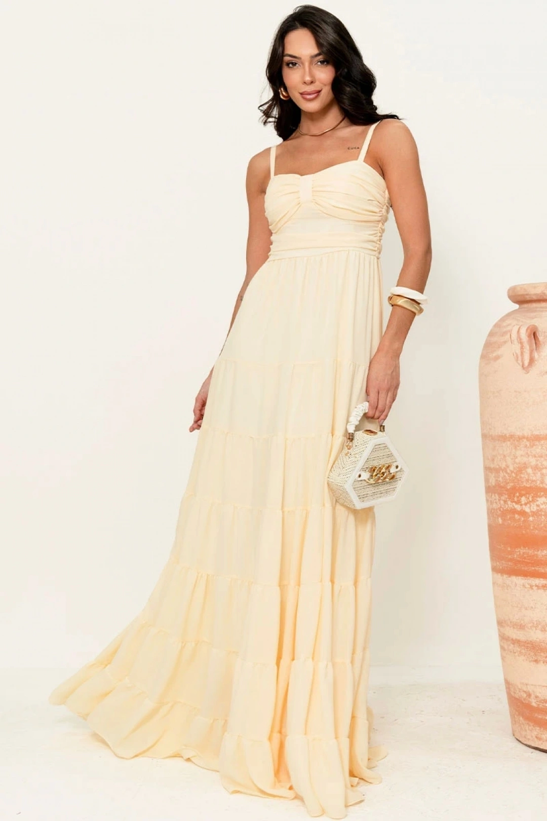Miss Misses - Maisa II Long Dress with Straps and Gathered Detail, Yellow - 54733003