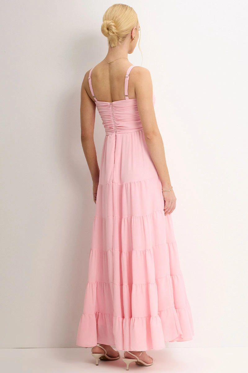Miss Misses - Maisa II Long Dress with Straps and Gathered Detail, Pink - 54733060