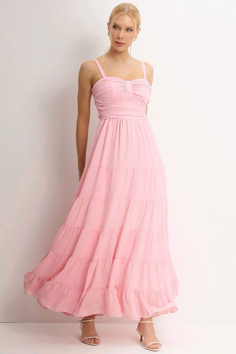 Miss Misses - Maisa II Long Dress with Straps and Gathered Detail, Pink - 54733060
