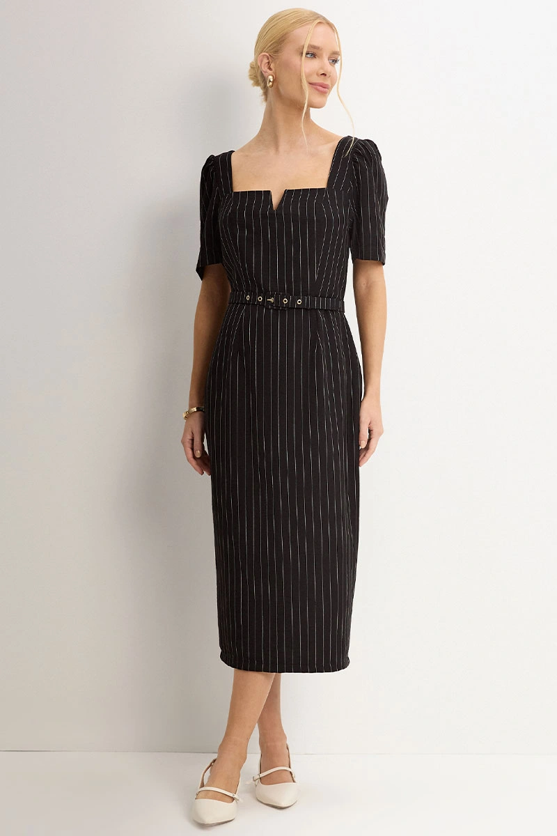 Miss Misses - Georgia Dress, Medium Pinstripe, with Black Belt - 54749001