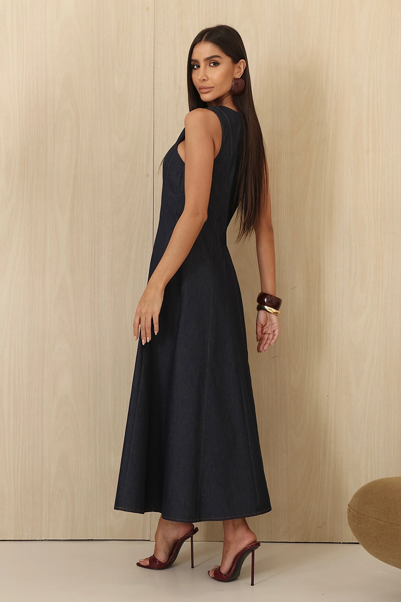 Dot Clothing - Vestido Dot Clothing Midi Bel Evasê Pesponto Azul Jeans - 3010AZUL