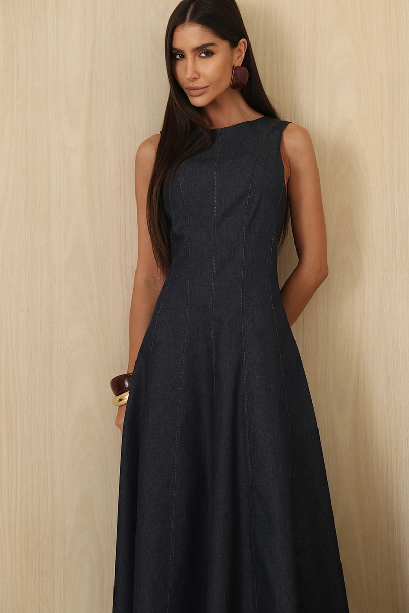 Dot Clothing - Vestido Dot Clothing Midi Bel Evasê Pesponto Azul Jeans - 3010AZUL