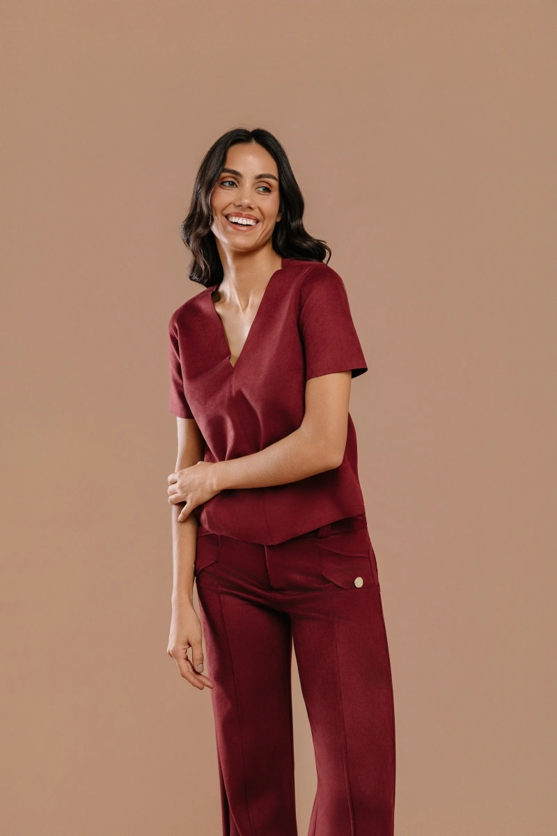 Hidrogênio - V-neck blouse with open seam, burgundy - 20740097