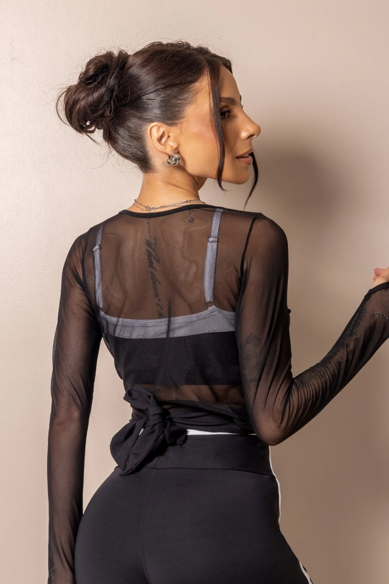 Hipkini - Blusa Fitness Posh Preta Transpassada de Tule - 33331725