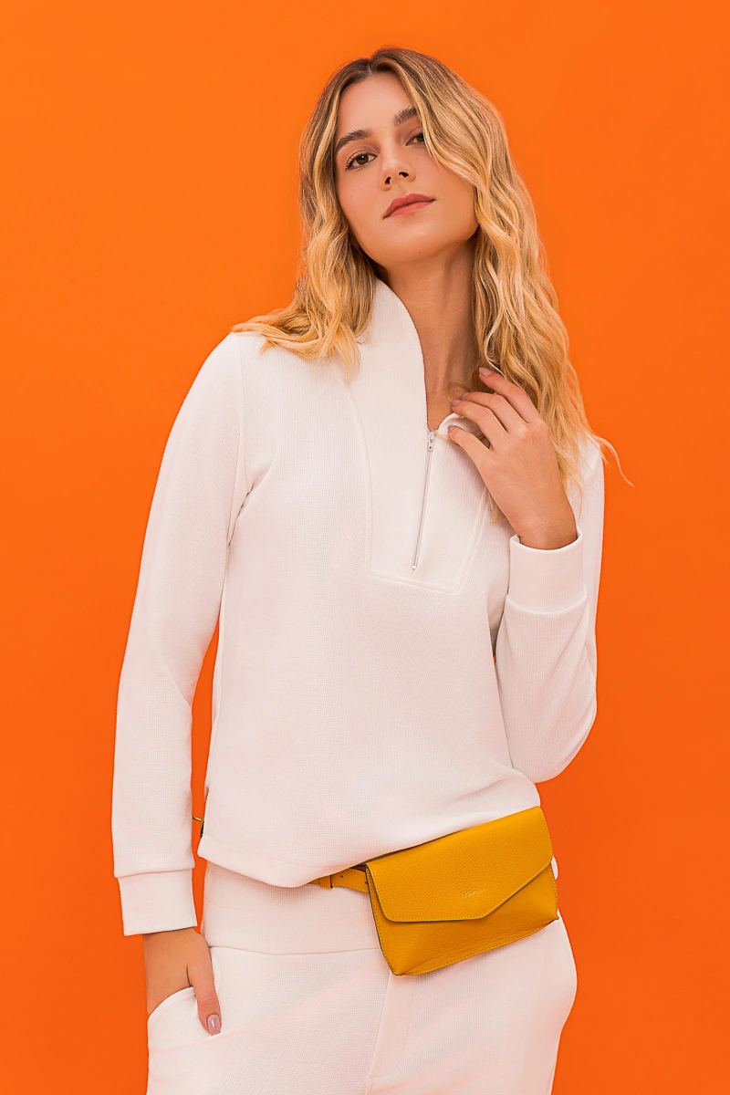 Hidrogênio - BLUSA C/ GOLA E ZÍPER MG LONGA OFF WHITE - 20744018