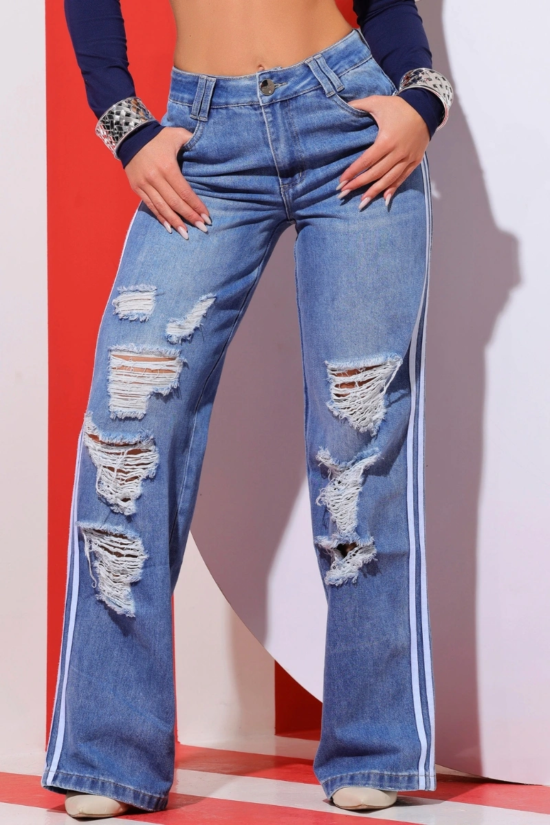 PITBULL - Calça Wide Leg Jeans Destroyed Confortável e Estilosa Pit Bull Jeans - 89762