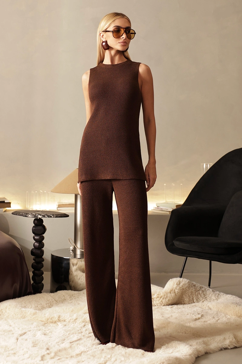 Dot Clothing - Conjunto Dot Clothing Isabel Tricô Blusa e Calça Marrom - T199MARROM