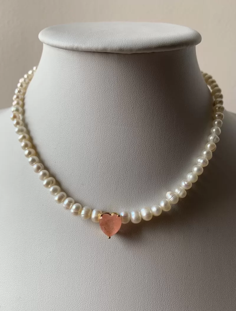 Mikabe - Choker pérolas e Jade Coração Rosa - MK133