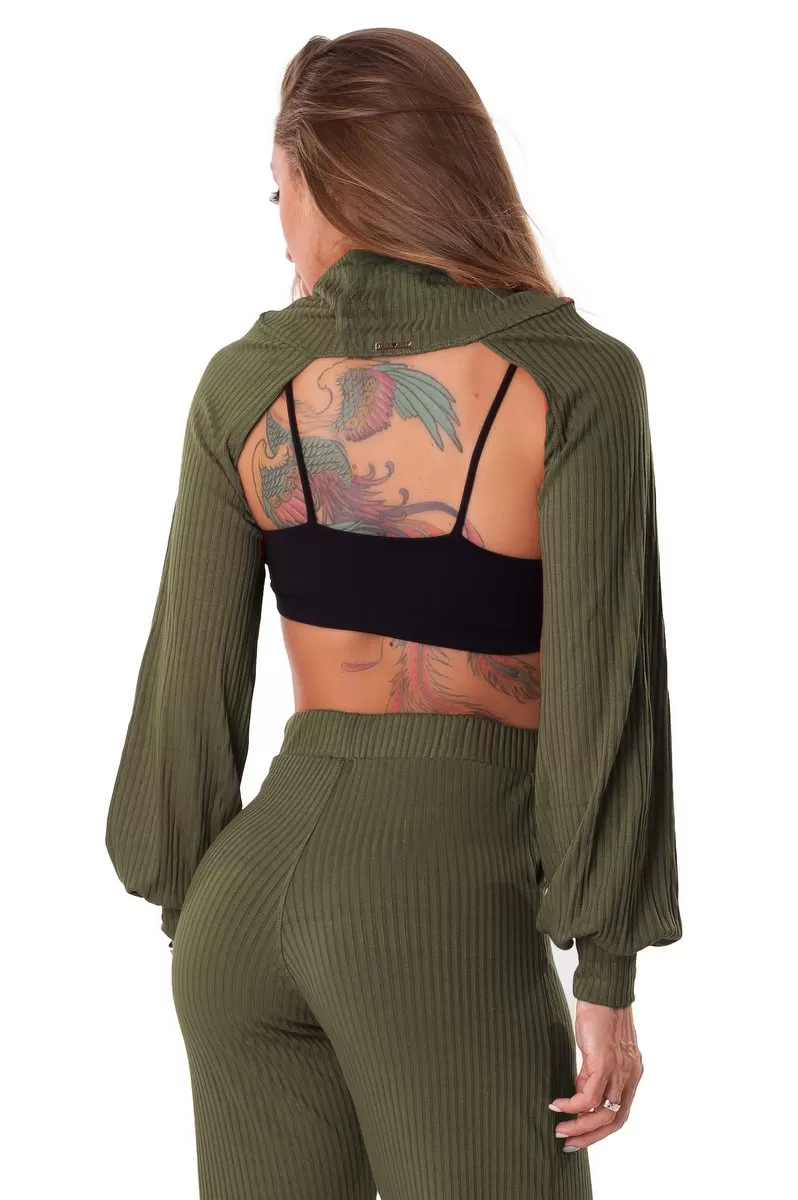 Lets Gym - Shirt Cropped Ribbed Collar Senses Green Militar - C1313 Lets Gym - Shirt Cropped Ribbed Collar Senses Green Militar - C1313