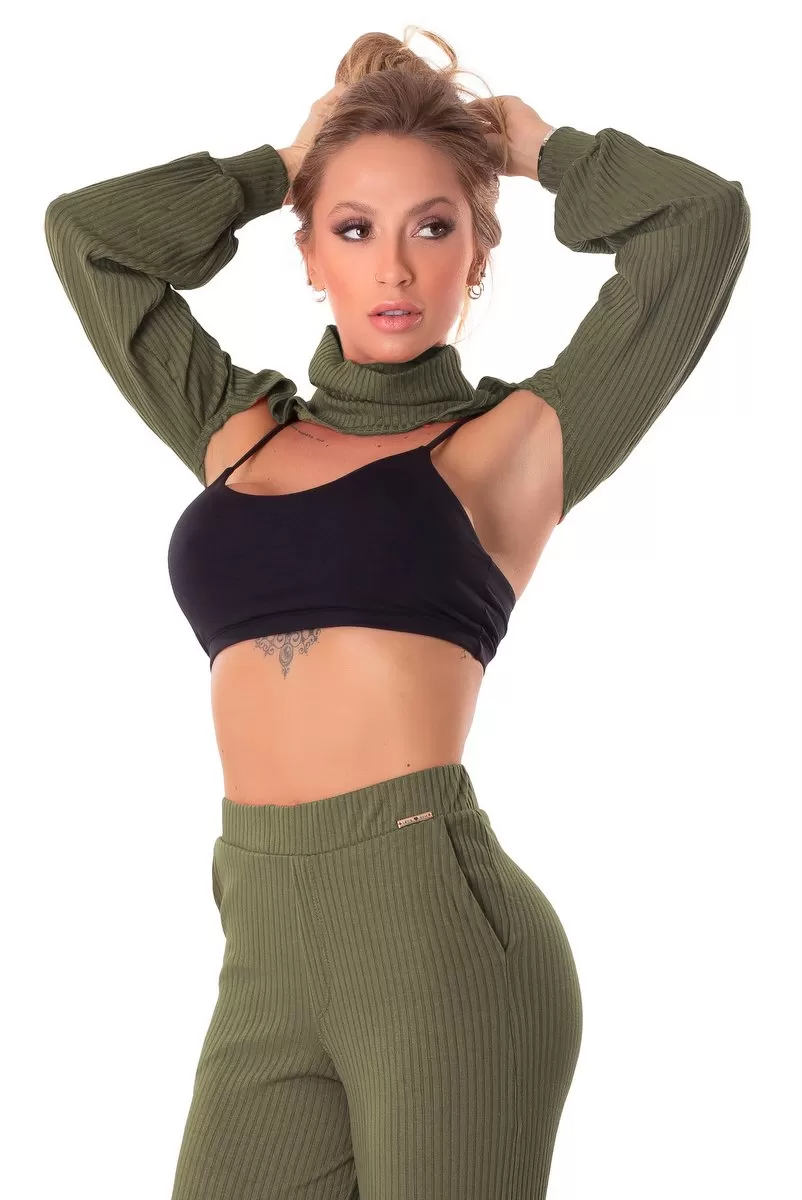 Lets Gym - Shirt Cropped Ribbed Collar Senses Green Militar - C1313 Lets Gym - Shirt Cropped Ribbed Collar Senses Green Militar - C1313
